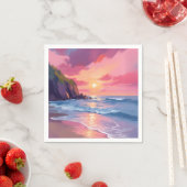 ピンクの夕焼け 海辺の波 水彩画 スタンダードカクテルナプキン (インサイチュ)