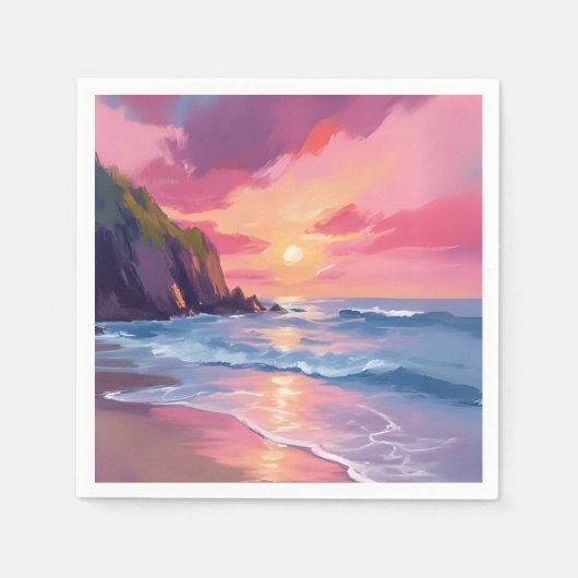 ピンクの夕焼け 海辺の波 水彩画 スタンダードカクテルナプキン (正面)