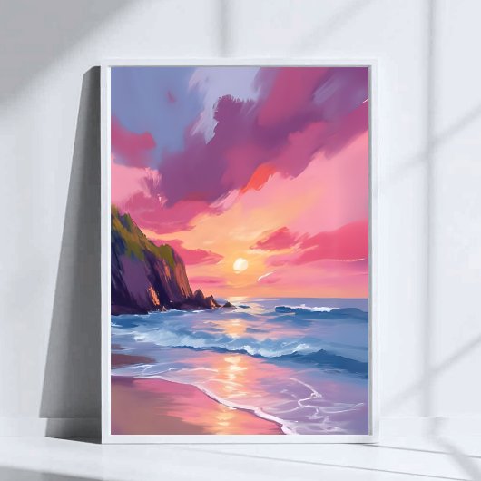 ピンクの夕焼け 海辺の波 水彩画 ポスター