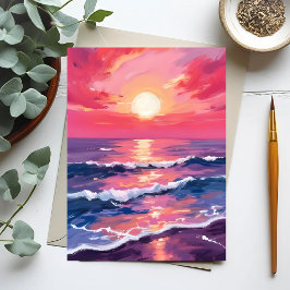 ピンクの夕焼け 濃紫色の海洋の波 水彩画 ポストカード