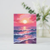 ピンクの夕焼け 濃紫色の海洋の波 水彩画 ポストカード (スタンド正面)