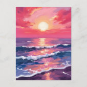 ピンクの夕焼け 濃紫色の海洋の波 水彩画 ポストカード (正面)