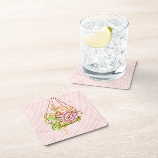 ピンクの多肉植物テラリウム スクエアペーパーコースター (インサイチュ)