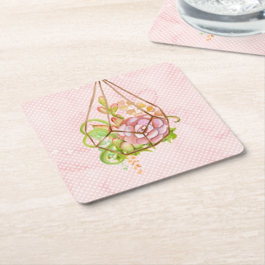 ピンクの多肉植物テラリウム スクエアペーパーコースター (アングル)