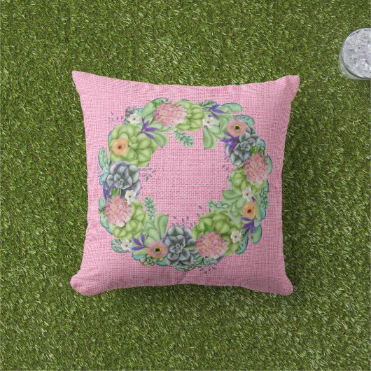 ピンクの多肉質の水色フローラリース アウトドアクッション (芝生)