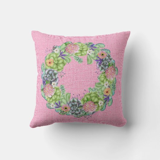 ピンクの多肉質の水色フローラリース アウトドアクッション (裏面)