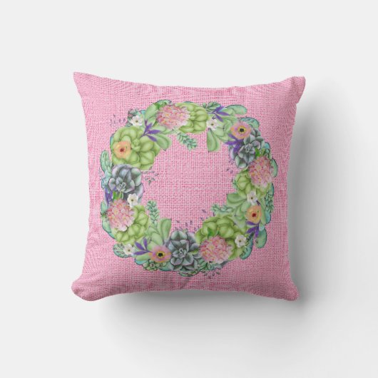 ピンクの多肉質の水色フローラリース アウトドアクッション (正面)