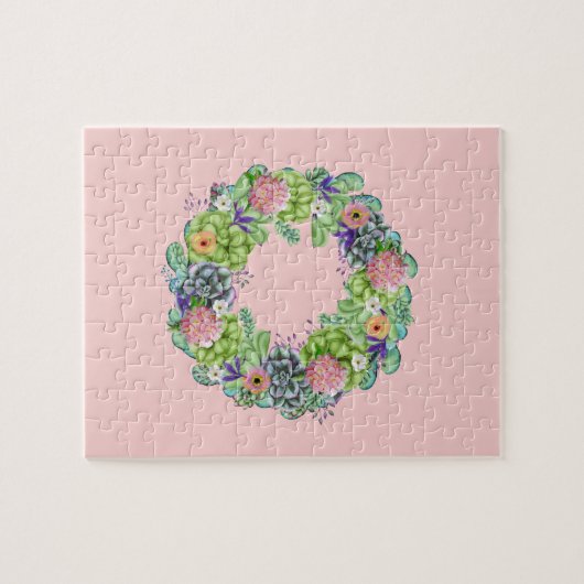 ピンクの多肉質の水色フローラリース ジグソーパズル (横)
