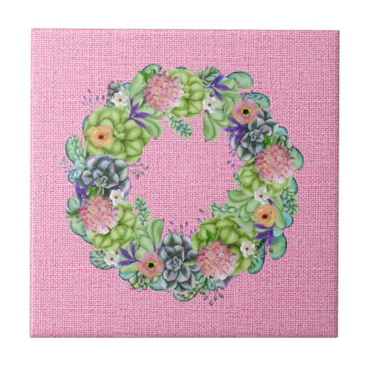 ピンクの多肉質の水色フローラリース タイル (正面)
