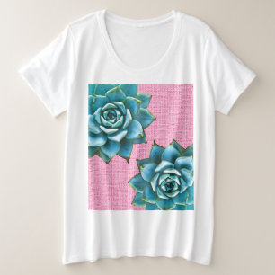 ピンクの多肉質淡い色の水色 プラスサイズTシャツ