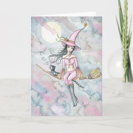 ピンクの夜明けのハロウィン魔法使いおよび猫カード カード (正面)