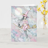 ピンクの夜明けのハロウィン魔法使いおよび猫カード カード (黄色い花)