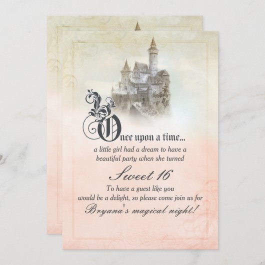 ピンクの夢のおとぎ話の物語の城の甘い16 招待状 (正面/裏面)