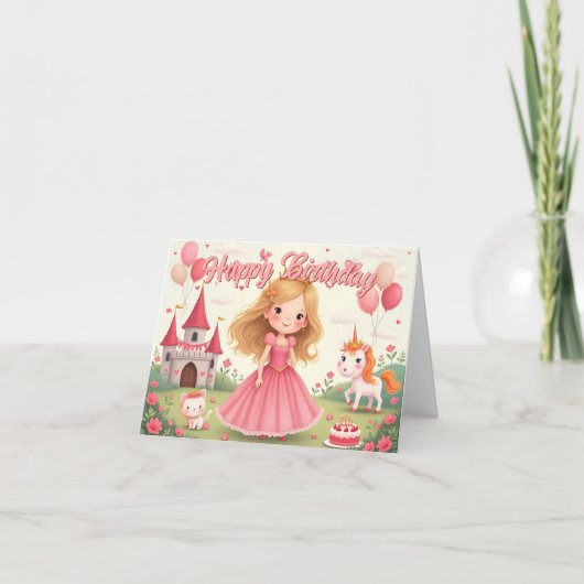 ピンクの夢の中でお姫様の誕生日 カード (正面)