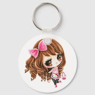 ピンクの大きい弓を持つかわいい小さな女の子 キーホルダー