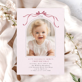 ピンクの大きなリボンの女の子の1歳の誕生日アーチの写真 招待状