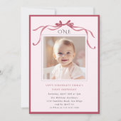 ピンクの大きなリボンの女の子 1歳の誕生日パーティー 招待状 (正面)