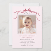 ピンクの大きなリボンの女の子 1歳の誕生日パーティー 招待状 (正面)