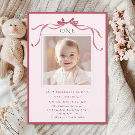 ピンクの大きなリボンの女の子 1歳の誕生日パーティー 招待状