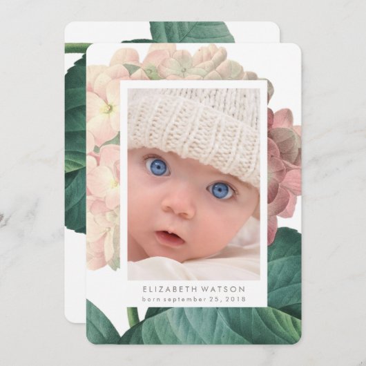 ピンクの大きな花のフォトカード誕生のお知らせ 案内状 (正面/裏面)