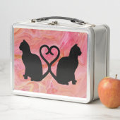ピンクの大理石でロマンチックな猫のシルエットハート メタルランチボックス (インサイチュ)
