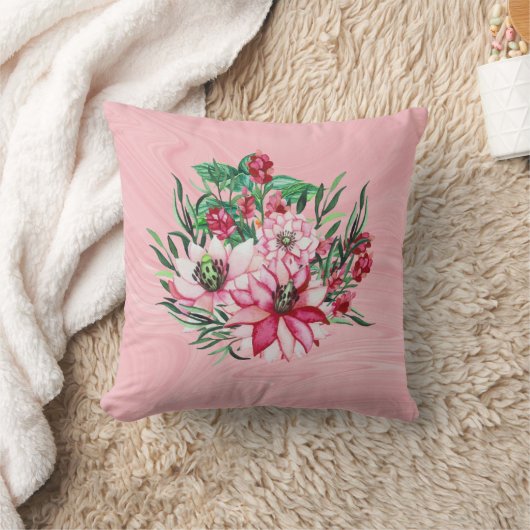 ピンクの大理石とエキゾチックな花 クッション (ブランケット)