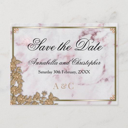 ピンクの大理石と真珠の結婚式の日付を保存 ポストカード (正面)