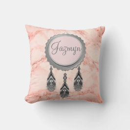 ピンクの大理石にグレーのドリームキャッチャーパーソナライズされた クッション