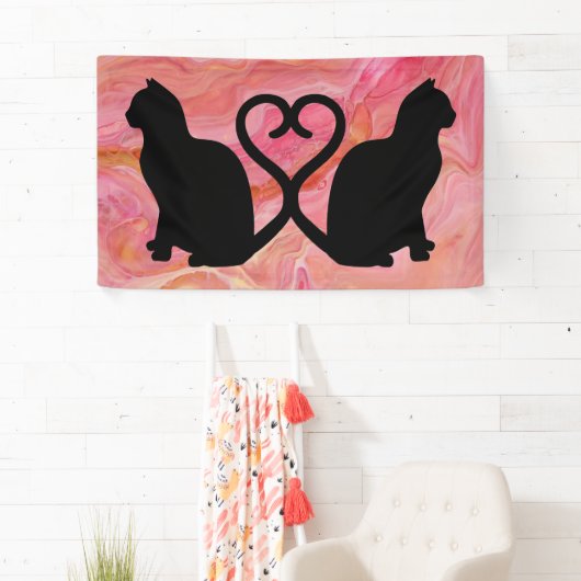 ピンクの大理石に2匹の猫のハートシルエット 横断幕 (インサイチュ)