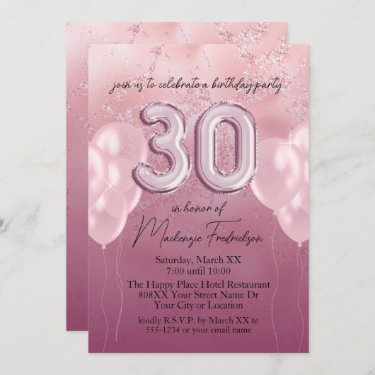 ピンクの大理石に30歳の誕生日バルーングリッター 招待状 (正面/裏面)