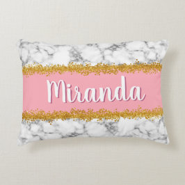 ピンクの大理石のパターンと金ゴールドグリッター アクセントクッション