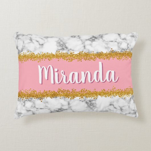 ピンクの大理石のパターンと金ゴールドグリッター アクセントクッション (正面)
