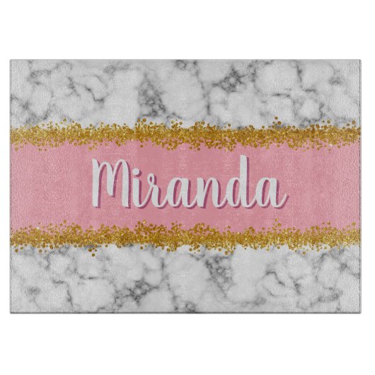 ピンクの大理石のパターンと金ゴールドグリッター カッティングボード (正面)