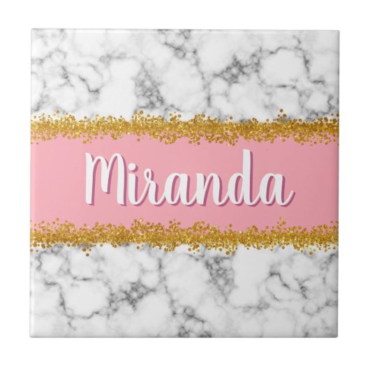 ピンクの大理石のパターンと金ゴールドグリッター タイル (正面)