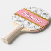 ピンクの大理石のパターンと金ゴールドグリッター 卓球ラケット (正面アングル)