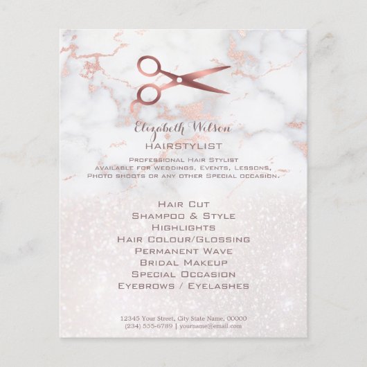 ピンクの大理石のヘアスタイルのはさみ チラシ (正面)
