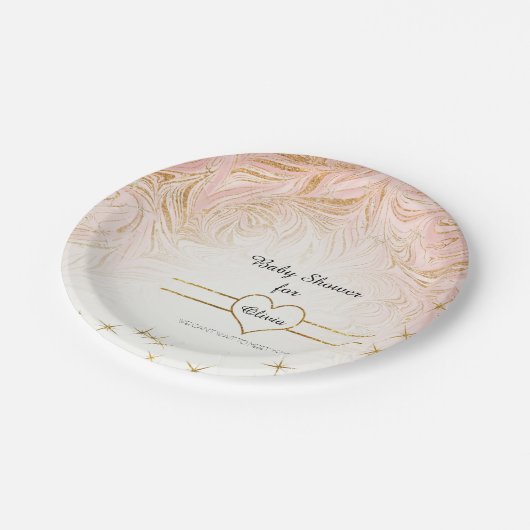 ピンクの大理石の大理石模様をつける女の子のベビーシャワーのばら色の金ゴールド ペーパープレート (アングル)