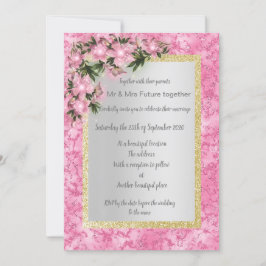 ピンクの大理石結婚フローラとピンクのフローラ金ゴールド 招待状