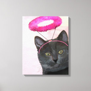 ピンクの天使のハローの黒猫 キャンバスプリント