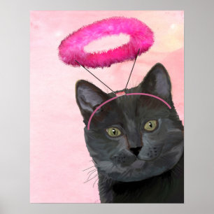 ピンクの天使のハローの黒猫 ポスター