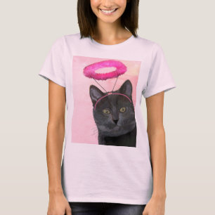 ピンクの天使のハローの黒猫 Tシャツ