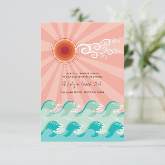 ピンクの太陽とアクアの波 ビーチウェディング 受付カード 招待状 (スタンド正面)