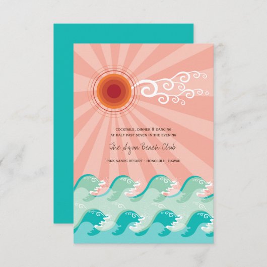 ピンクの太陽とアクアの波 ビーチウェディング 受付カード 招待状 (正面/裏面)