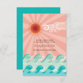 ピンクの太陽とアクアウェーブ ビーチウェディング レセプション カード (正面/裏面)