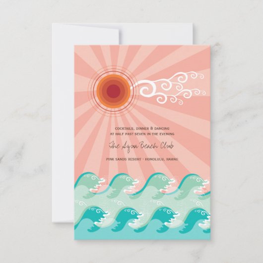 ピンクの太陽とアクアウェーブ ビーチウェディング 受付カード 招待状 (正面)