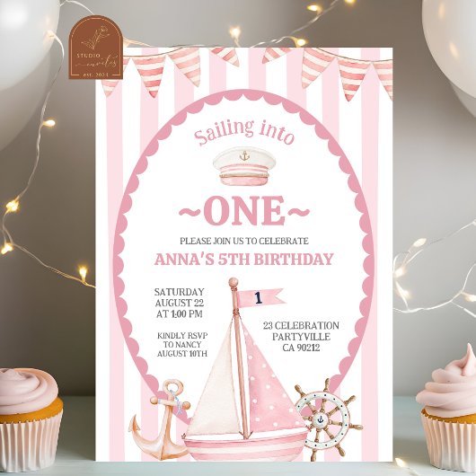 ピンクの女の子が帆船で1歳の誕生日を迎える 招待状
