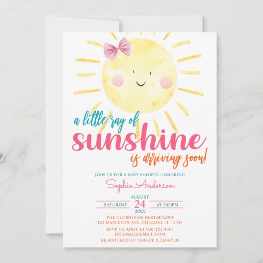 ピンクの女の子が陽光の赤ちゃんシャワーを少し浴びる 招待状 (正面)