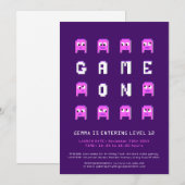 ピンクの女の子たちがゲームで遊ぶ 12歳の誕生日パーティー 招待状 (正面/裏面)