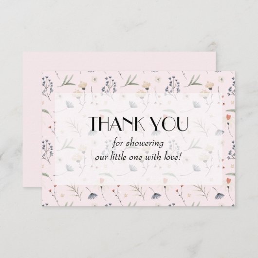 ピンクの女の子にワイルドフラワーベイビーシャワー サンキューカード (正面/裏面)