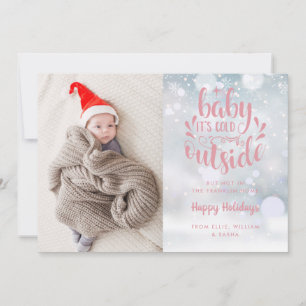 ピンクの女の子のかわいいホリデー誕生お知らせデザイン「Baby Its Cold Outside」 案内状